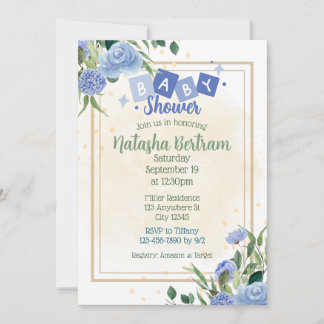 Convite Blue Watercolor Floral Leaves Baby Shower