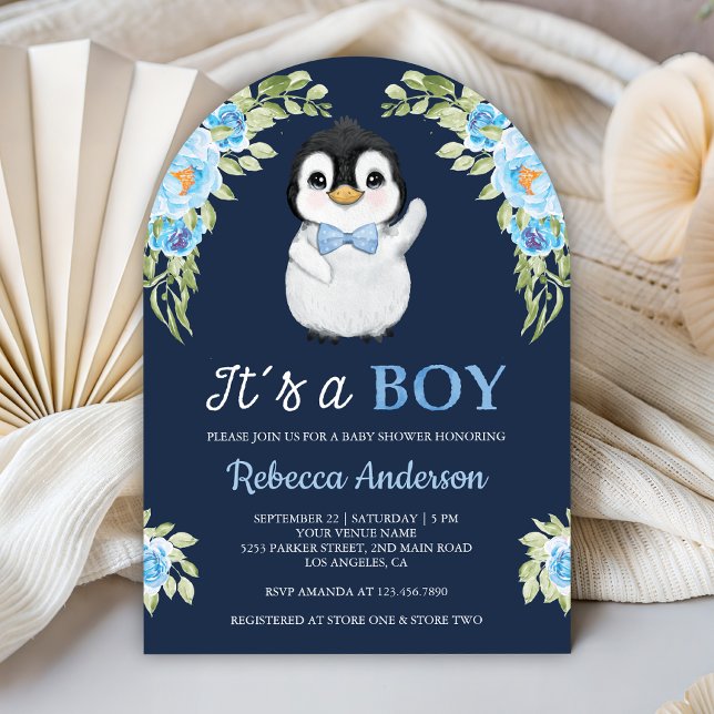 Convite Blue Watercolor Floral Penguin Navy Baby Shower (Criador carregado)