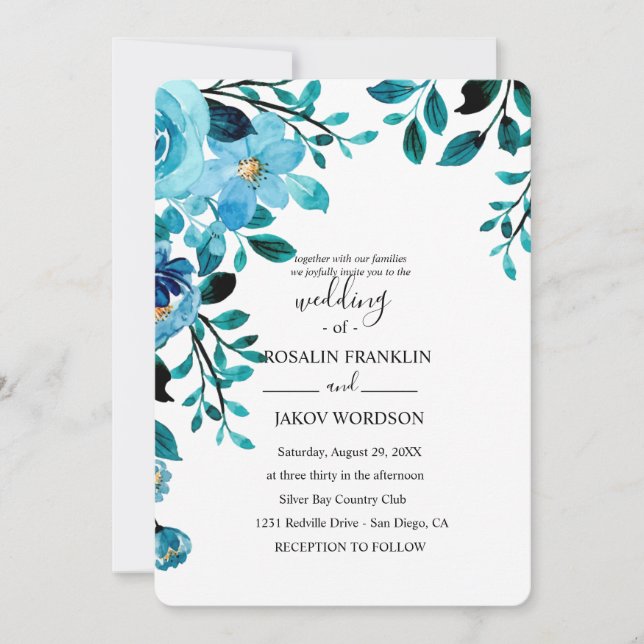 Convite blue watercolor floral rustic wedding (Frente)