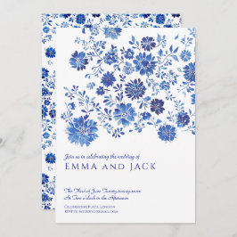 Convite Blue Watercolor Floral Wedding Invitation