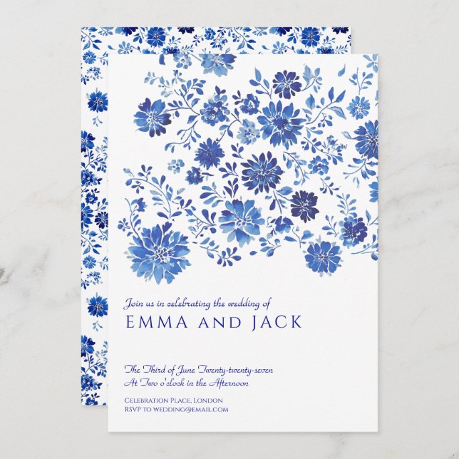 Convite Blue Watercolor Floral Wedding Invitation (Frente/Verso)