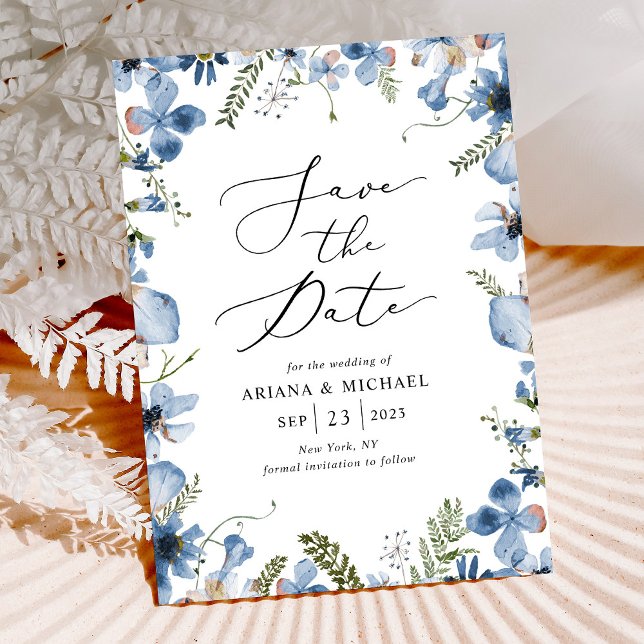 Convite Blue Watercolor Floral Weding The Date Card (Criador carregado)