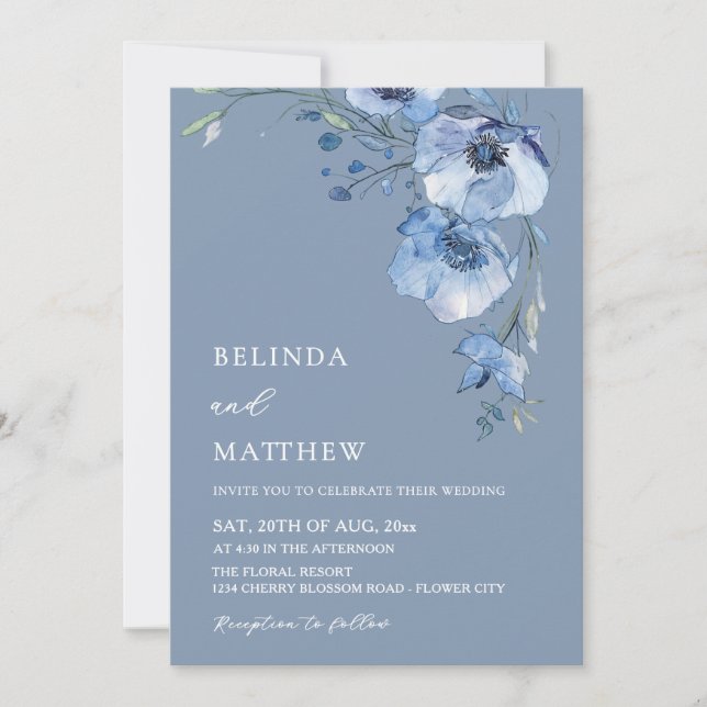 Convite Blue Watercolor Flowers Casual Wedding (Frente)