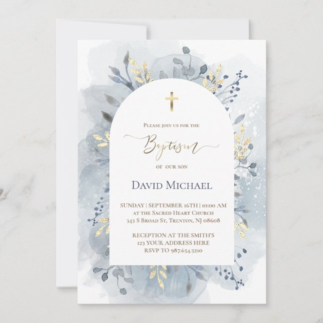 Convite blue watercolor foliage Baptism  (Frente)