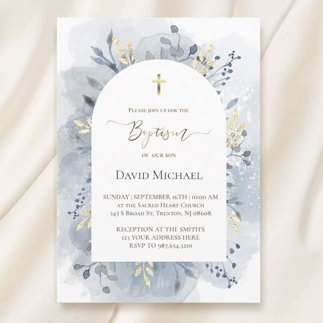 Convite blue watercolor foliage Baptism  (Criador carregado)