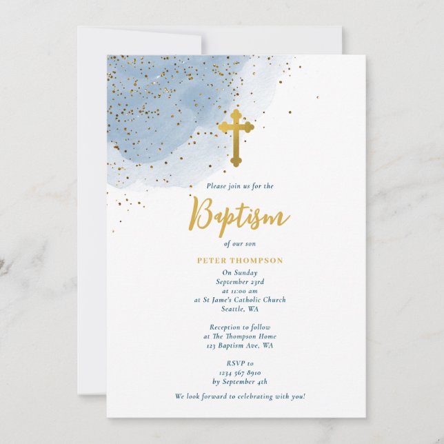 Convite Blue Watercolor Glitter Dourado Cross Baptism Boy (Frente)