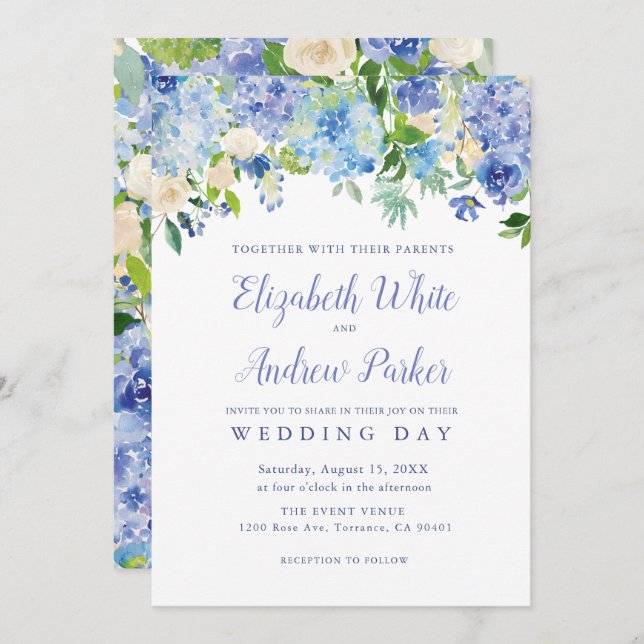 Convite Blue Watercolor hydrangea Floral Wedcard (Frente/Verso)