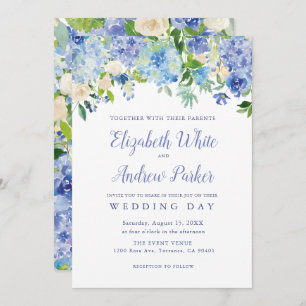 Convite Blue Watercolor hydrangea Floral Wedcard