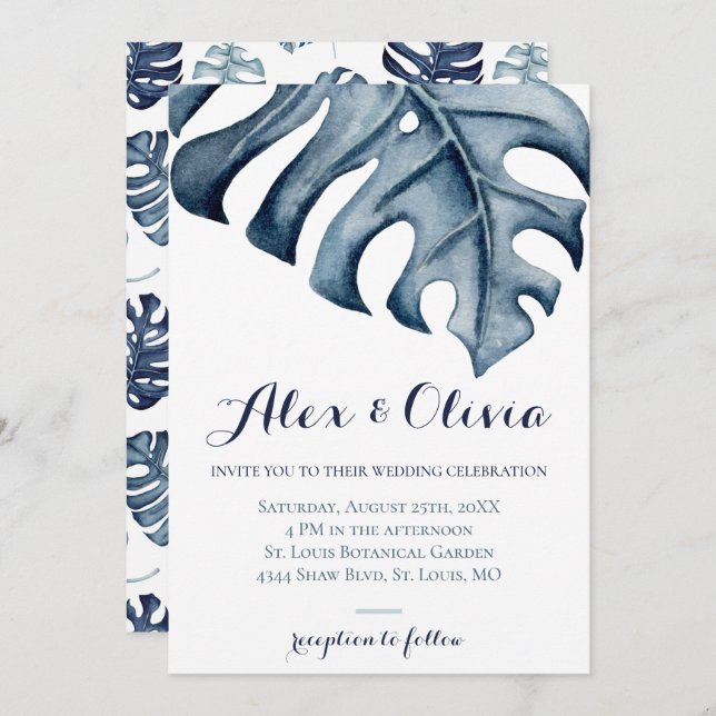 Convite Blue Watercolor Monstera Deixa Casamento (Frente/Verso)