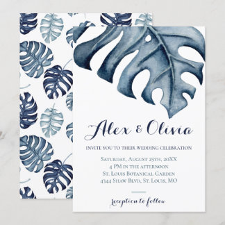 Convite Blue Watercolor Monstera Deixa Casamento