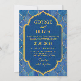 Convite Blue Watercolor Moroccan Pattern Wedding