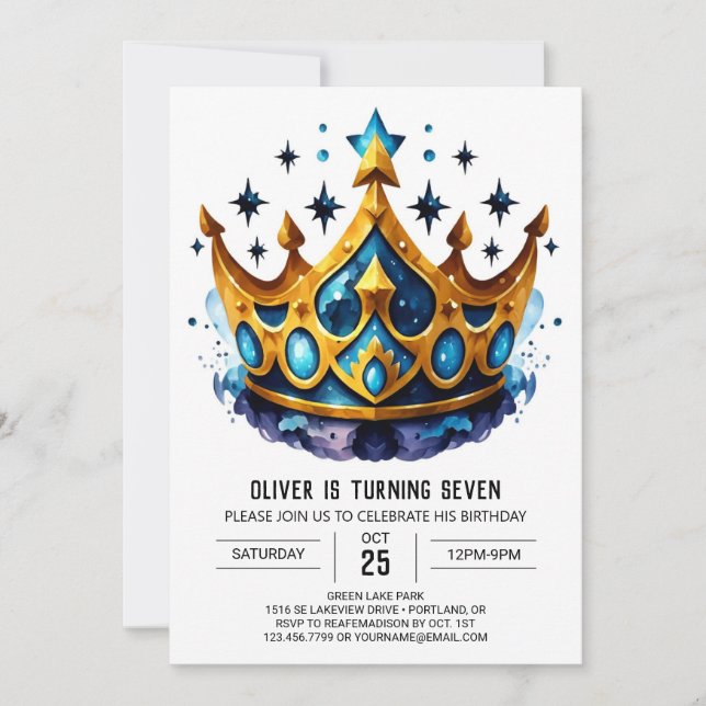 Convite Blue Watercolor Prince Crown Aniversário (Frente)