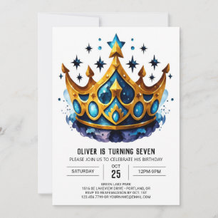 Convite Blue Watercolor Prince Crown Aniversário