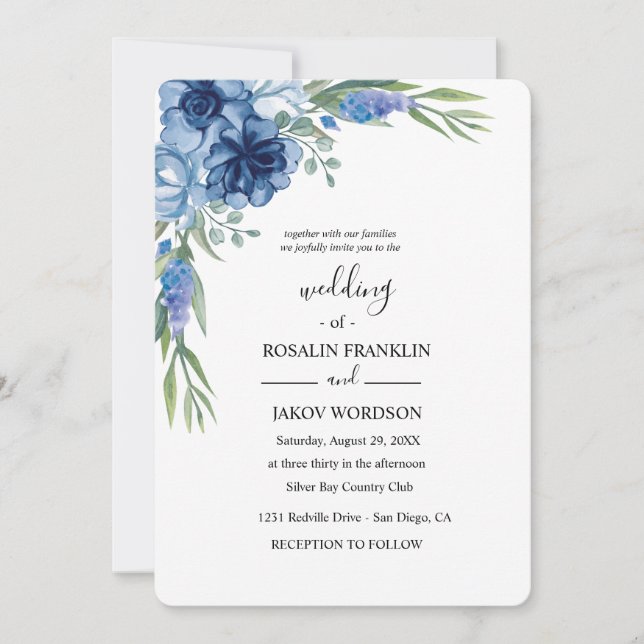 Convite blue watercolor rustic wedding (Frente)