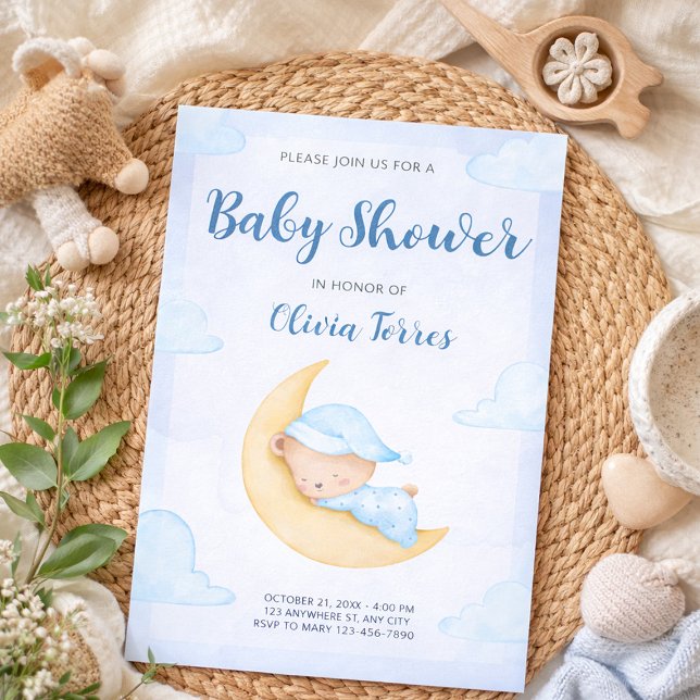 Convite Blue Watercolor Teddy Bear on Moon Baby Shower (Blue Watercolor Teddy Bear on Moon Baby Shower Invitation, Its a Boy, We Can Bearly Wait)