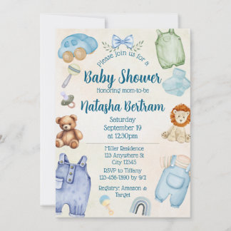 Convite Blue Watercolor Toys & Clothes Baby Shower