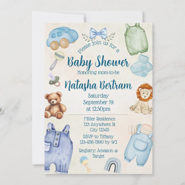 Convite Blue Watercolor Toys & Clothes Baby Shower (Frente)