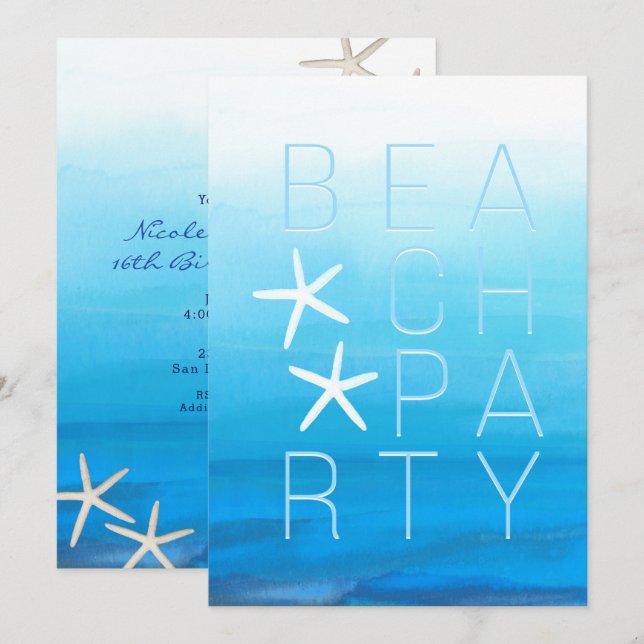 Convite Blue Watercolor Tropical Modern Beach Party (Frente/Verso)