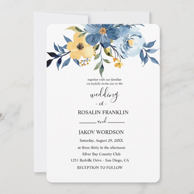 Convite blue watercolor wedding Invitation (Frente)