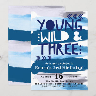 Convite Blue Watercolor - Wild & Three aniversário de 3 a