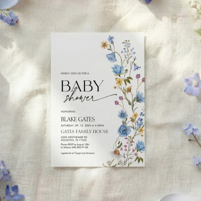 Convite Blue Watercolor Wildflower Baby Shower (Criador carregado)