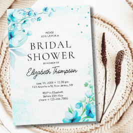 Convite Blue Watercolor Wildflowers Modern Bridal Shower