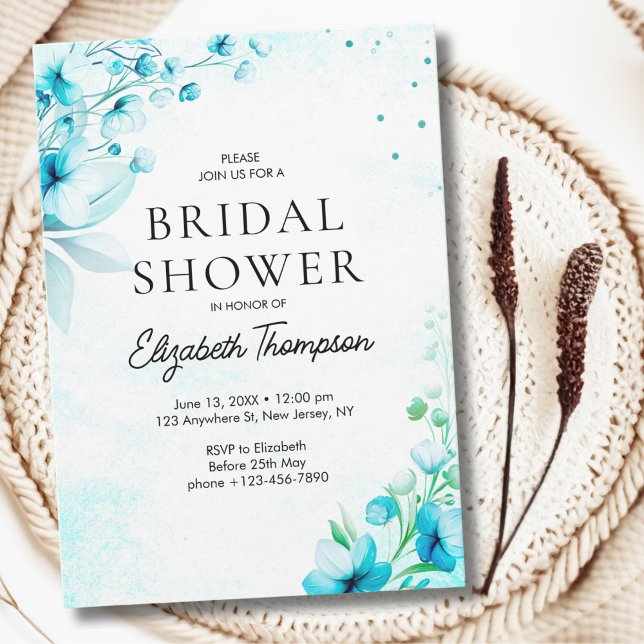 Convite Blue Watercolor Wildflowers Modern Bridal Shower (Criador carregado)