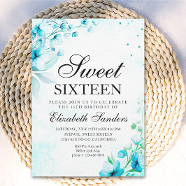 Convite  Blue Watercolor Wildflowers Modern Sweet Sixteen