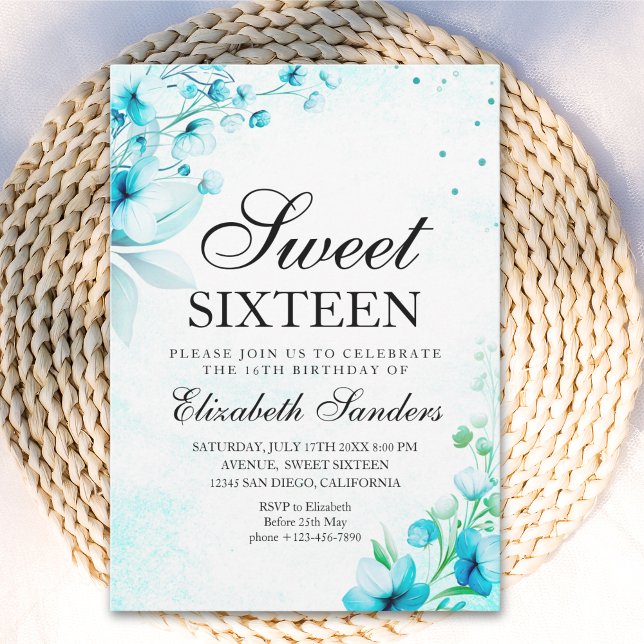 Convite  Blue Watercolor Wildflowers Modern Sweet Sixteen (Criador carregado)