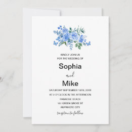Convite Blue Watercolour Floral Butterflies Wedding