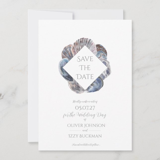 Convite Blue Watercolour Sea Shell Save the Date Flat Card (Frente)