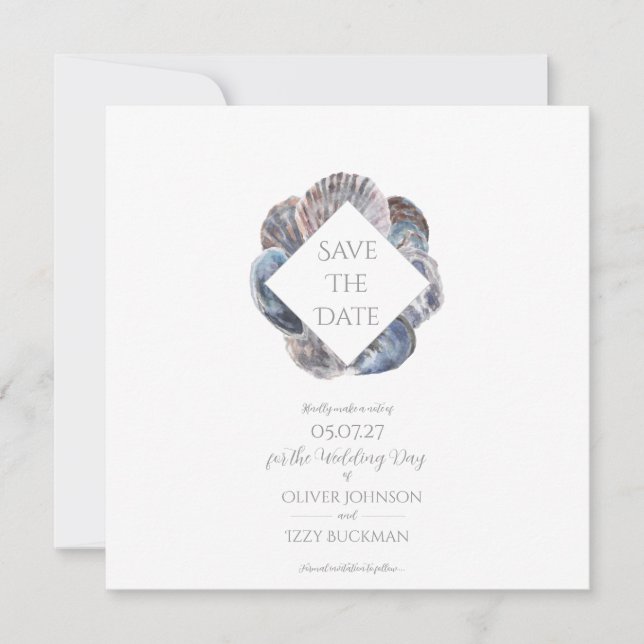 Convite Blue Watercolour Sea Shell Save the Date Flat Card (Frente)
