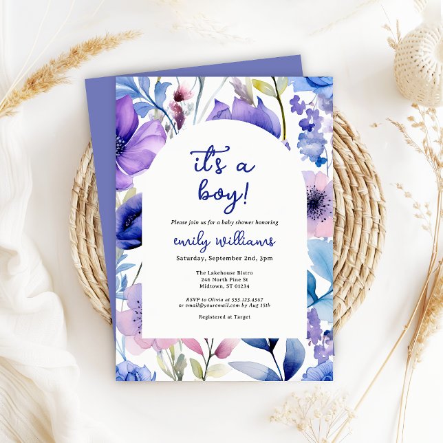 Convite Blue Watercolour Wildflower Its a Boy Baby Shower (Criador carregado)