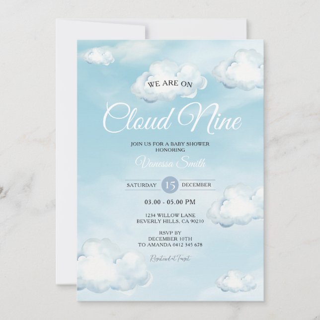 Convite Blue We Are On Cloud Nine Blue Baby Shower (Frente)