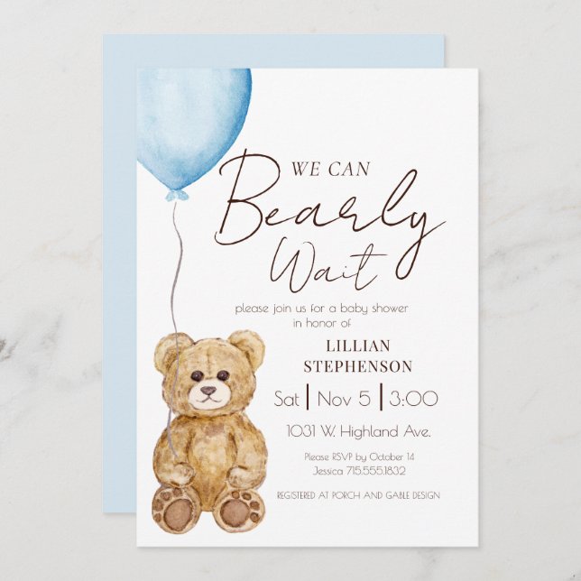 Convite Blue We Can Bearly Wait Boy Baby Shower (Frente/Verso)