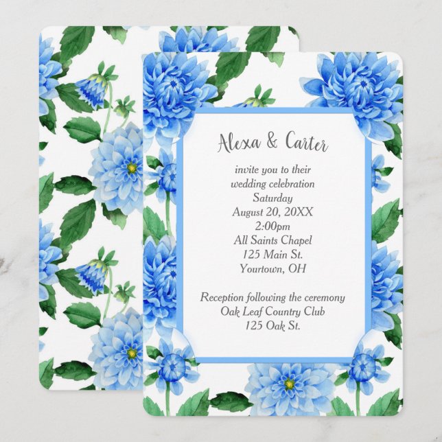 Convite Blue Wedding Dahlia Watercolor (Frente/Verso)