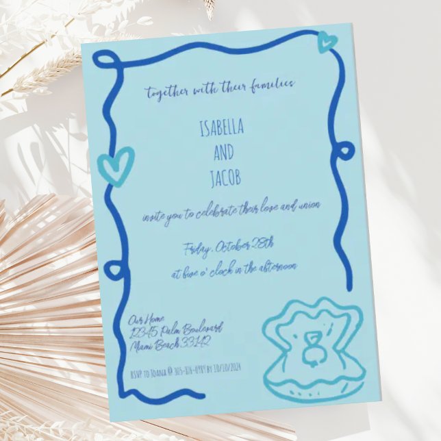 Convite Blue Whimsical Drawn Quirky Wavy Casamento (Criador carregado)