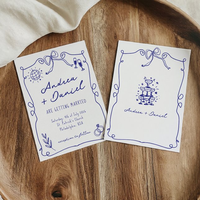 Convite Blue Whimsical Quirky Hand desenhado Casamento (Criador carregado)
