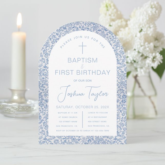 Convite Blue White Arch Floral Boy Baptism First Birthday (Criador carregado)