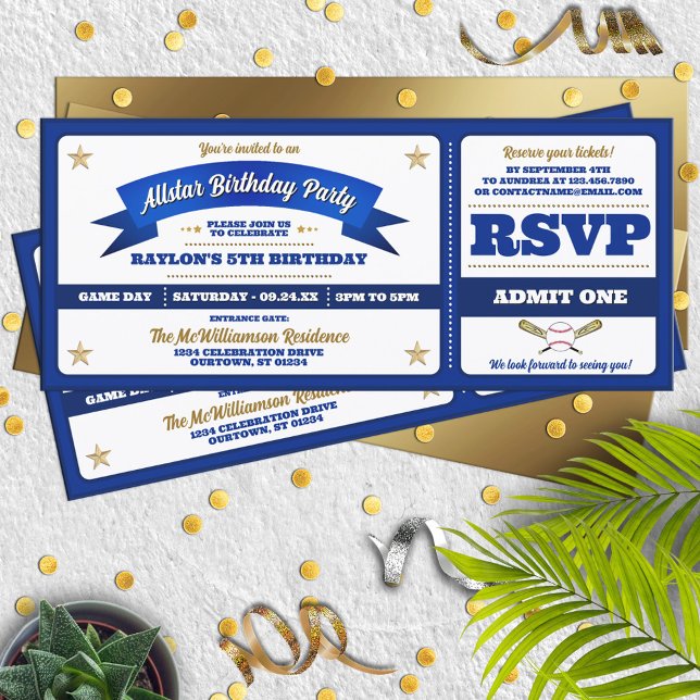 Convite Blue & White Baseball Allstar Ticket Birthday (Criador carregado)