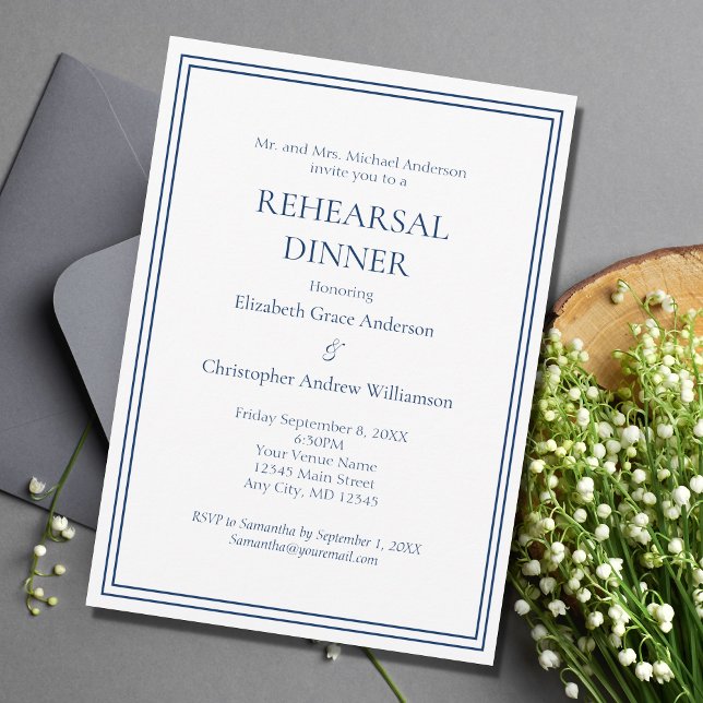 Convite Blue White Border Traditional Rehearsal Dinner  (Criador carregado)