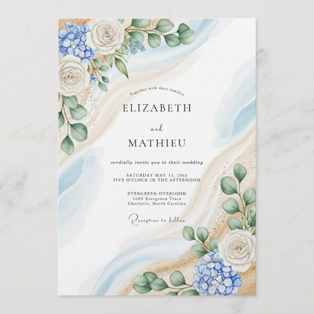 Convite Blue & White Botanical Abstract Wedding (Frente)