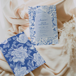 Convite Blue White Chinoiserie Floral Garden 50º Aniversár