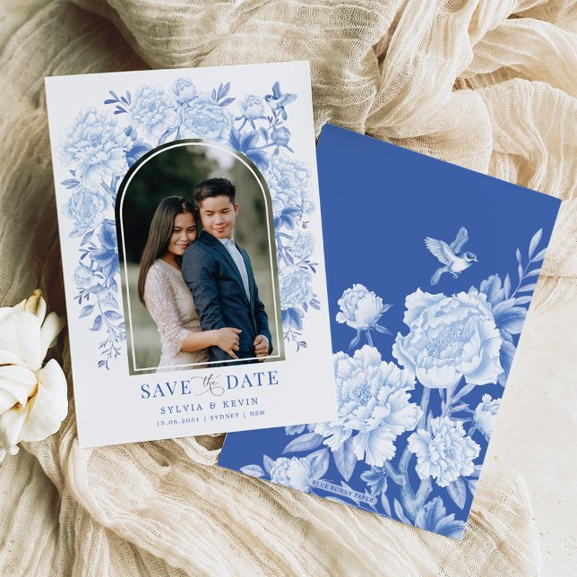 Convite Blue White Chinoiserie Peony Salve a data (Criador carregado)