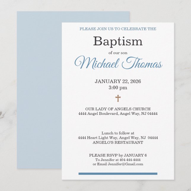 Convite Blue White Cross Custom Name Baptism (Frente/Verso)