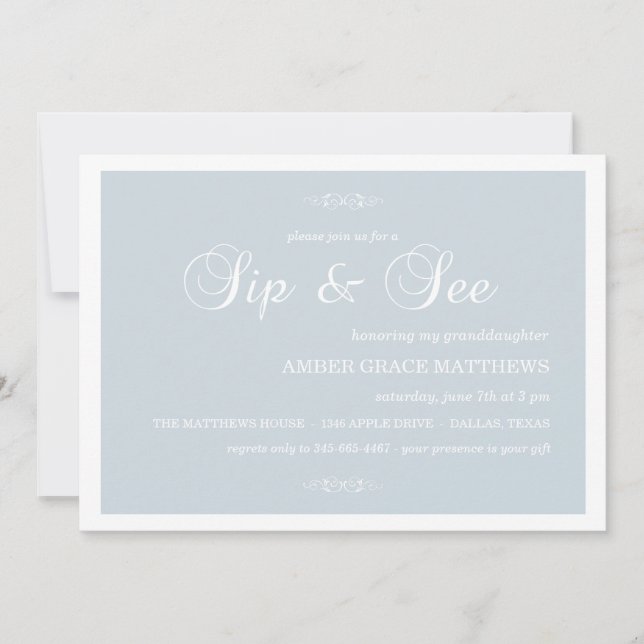 Convite Blue & White Damask Sip And See (Frente)