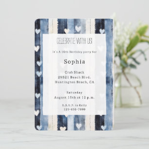 Convite Blue White Denim Heart Stripes Birthday