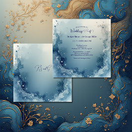 Convite blue white Dreamy coastal marble ink wedding