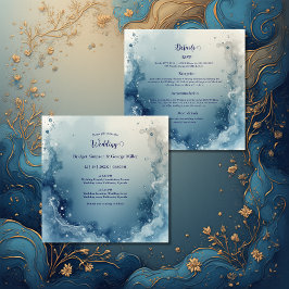 Convite blue white Dreamy coastal marble ink wedding