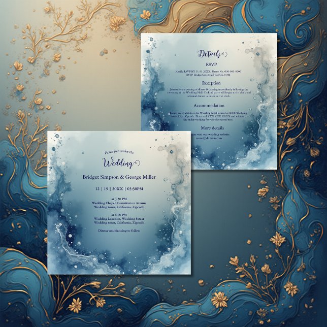 Convite blue white Dreamy coastal marble ink wedding (Criador carregado)